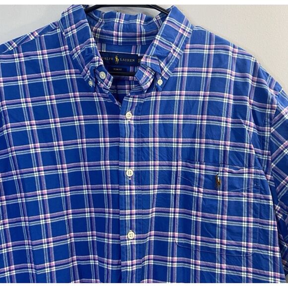 Ralph Lauren Shirt Mens XXL‎ Blue Pink Plaid Button Down Flesh Pony Slim Fit S/S - Picture 1 of 6